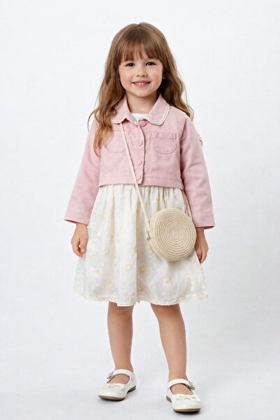 Kids ZARİF ÇİÇEK İŞLEMELİ KOT CEKETLİ HASIR ÇANTALI ELBİSE-4 YAŞ