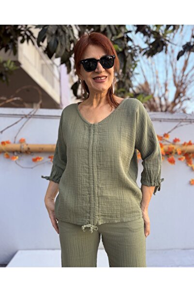 DenizEge Bluză din muselină cu șnur în față și la mâneci, kaki