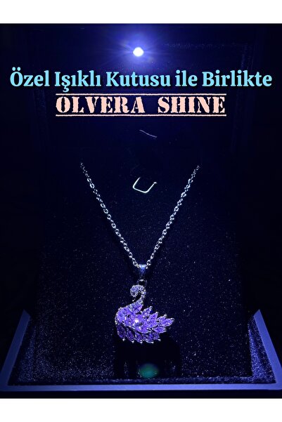 olvera shine Işıklı Kutulu Mor Kuğulu Swan Kolye/Silver