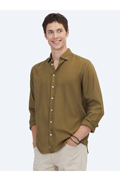 Kip Khaki Plain Regular Fit Woven Casual Cotton Blend Shirt
