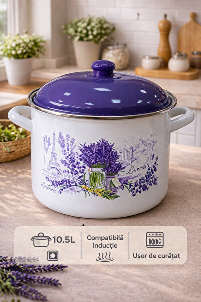 Arian Enameled pot Lavender 26 cm, 10.5L, with lid, elegant floral pattern