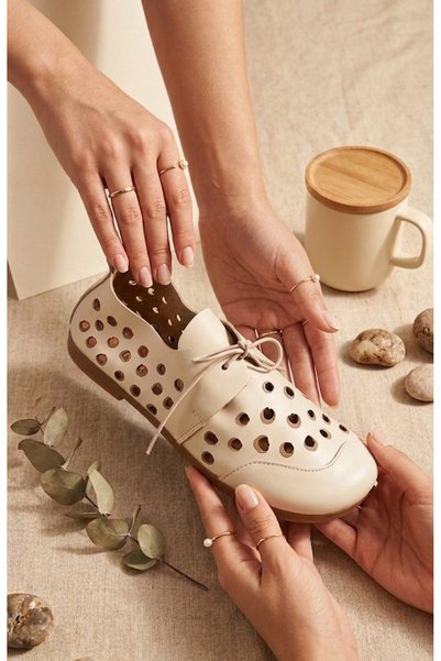 MARCO ROCCO Laser Cut Lace-Up Ballerina Women's Shoes (Genuine Leather)