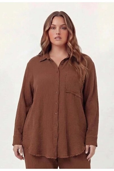 RMG قميص من قماش الموسلين مقاس كبير باللون البني