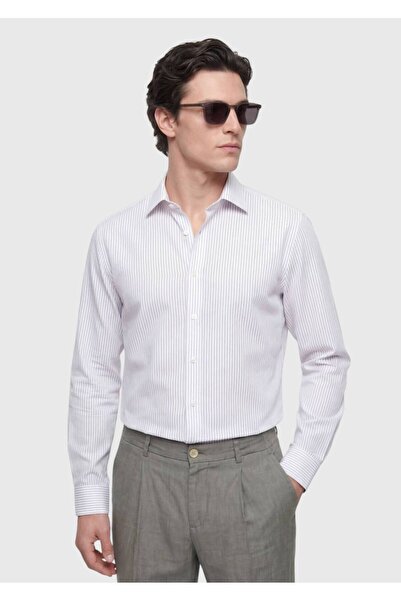 Ramsey Cămașă din amestec de bumbac casual țesută cu dungi ecru