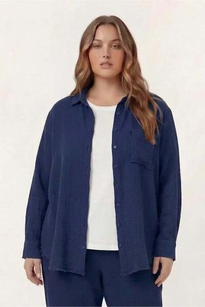 RMG قميص من قماش الموسلين مقاس كبير باللون الأزرق الداكن