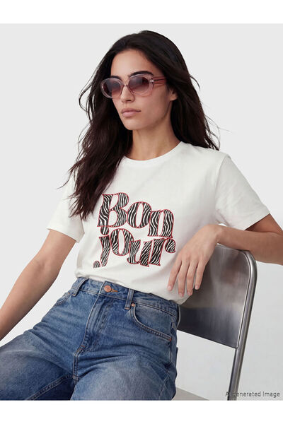 LC Waikiki Γυναικείο μπλουζάκι LCW VisionEcru με στάμπα και λαιμόκοψη ποδηλάτου