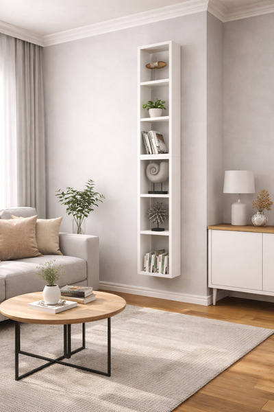 Dekormer Design Duvar Rafı Kitaplık Dikey Hediye Rafı Mobilya Takım Beyaz