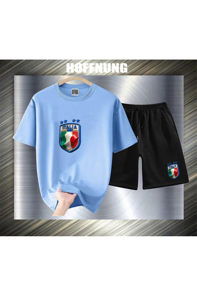 HOFFNUNG Unisex Casual Short Sleeve Set with Italian Logo Print Outdoor Sprin...
