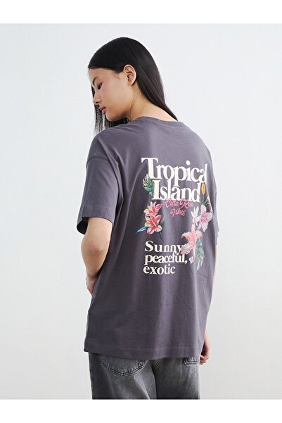 LC Waikiki Γυναικείο μπλουζάκι Anthracite Crew Neck με στάμπα Oversize