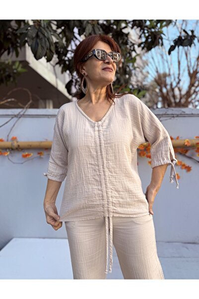 DenizEge Μπλούζα μουσελίνα με σούρες μπροστά και στα μανίκια, μπεζ