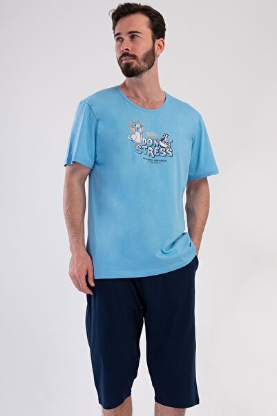VİENETTA Erkek Kısa Kol Kapri %100 Pamuk Mavi Pijama Takımı C5T2N4804