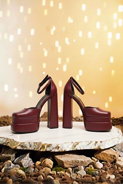 Tarz Topuklar Pantofi de damă Figooo din piele burgundy, cu platformă dublă ș...