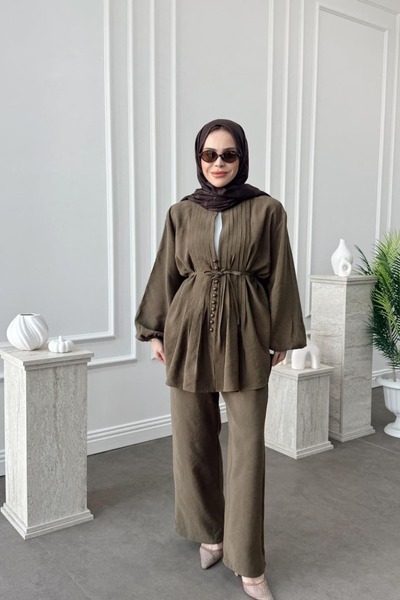 Kübra Aydıns Nervüllü Takım-Yağ Yeşili