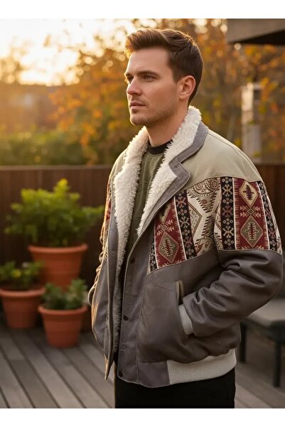 CANMODA (7901) Recien Unisex Fur Collar Vintage Aztec Jacket Oversize 90S Coa...