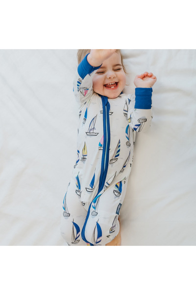 Zipster Pijamale lungi din bambus cu fermoar reversibil, - Albe și albastre c...