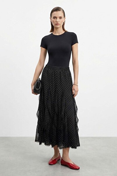 Puane Women's Polka Dot Lace Detailed Midi Skirt -18307Etkpanels - Black