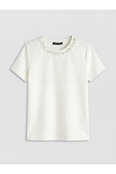 LC Waikiki Γυναικείο μπλουζάκι Ecru Crew Neck Stoned Soft Touch