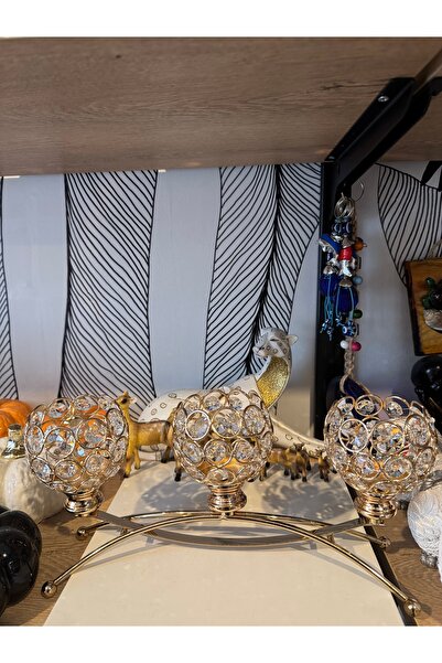 Atak Hediyelik Dekoratif 3’lü Kristal taşlı Şamdan metal mumluk gold 15x33 cm