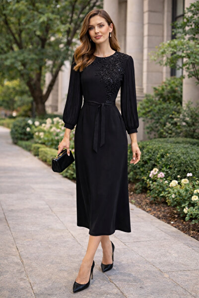 FUAT GÜRSEN Boncuk İşlemeli Kolları Pileli Astarlı Elbise