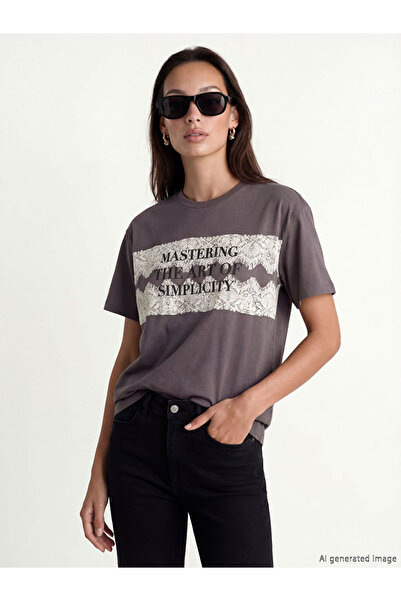 LC Waikiki Gray Crew Neck Printed Women's T-Shirt