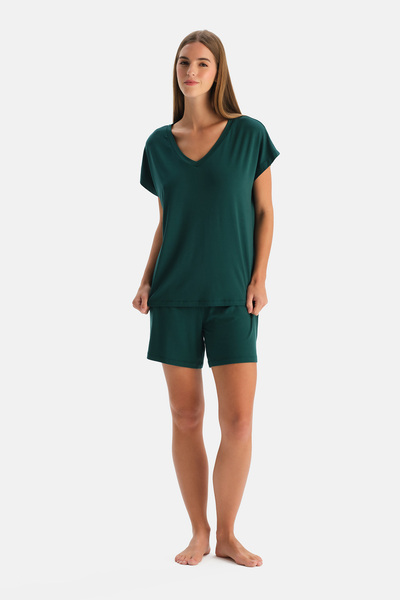 Dagi Set de pijamale cu tricou cu mânecă scurtă și decolteu în V, verde petro...