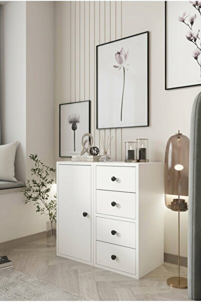 FOR WOMAN DESİGN Ahşap Şifonyer 1 Kapak 4 Çekmeceli Modern Minimal Depolama Ç...