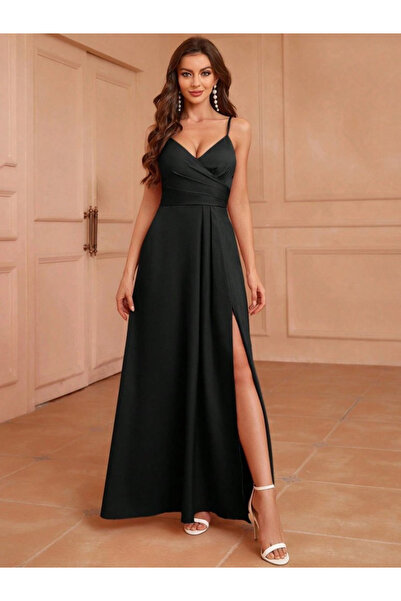 JANES Women's Black Double-Breasted Collar Slit Crepe Fabric Long Evening Dre...