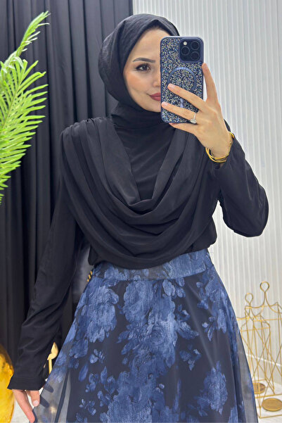 Tesettür Diyarı Γυναικεία υφασμάτινη μπλούζα με γιακά Degaje - Μαύρη