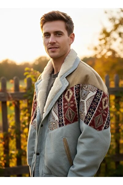 CANMODA (7900) Recien Unisex Fur Collar Vintage Aztec Jacket Oversize 90S Coa...