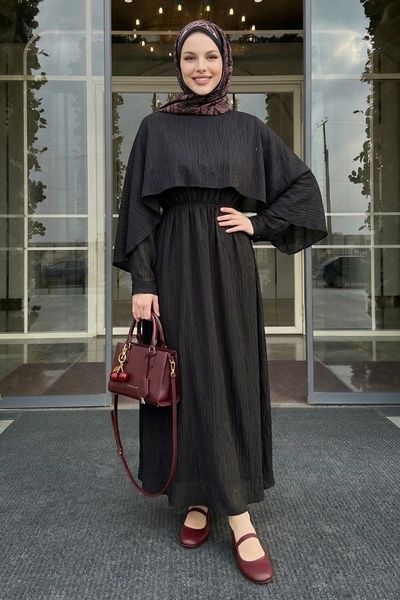 InStyle Shawl Collar Gathered Waist Black Dress