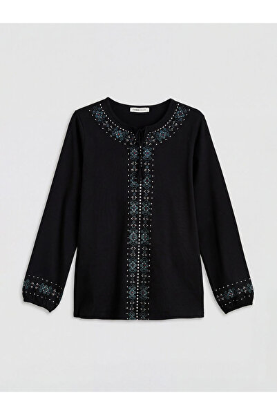 LC Waikiki Plus Size Black Tie-Neck Patterned Blouse by Güli̇s Gi̇yi̇m