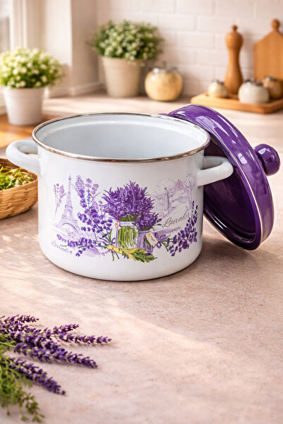 Arian Oală emailată Lavanda 24 cm, 8.2L, cu capac, model floral elegant