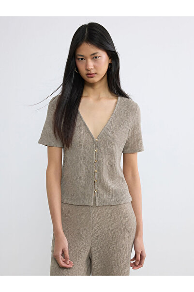 LC Waikiki Καφέ μπλούζα με λαιμόκοψη V και υφή