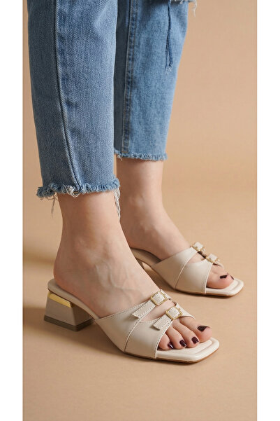 Moda Lime Alçak Topuklu Çift Şerit Üstü Toka Detaylı Kadın Abiye Terlik Sandalet