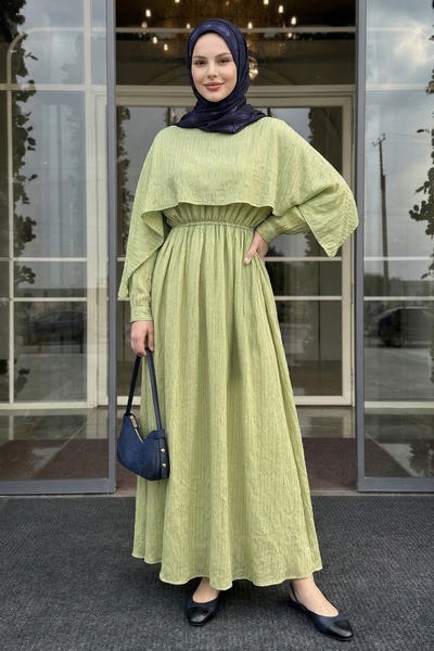 InStyle Shawl Collar Gathered Waist Pistachio Green Dress