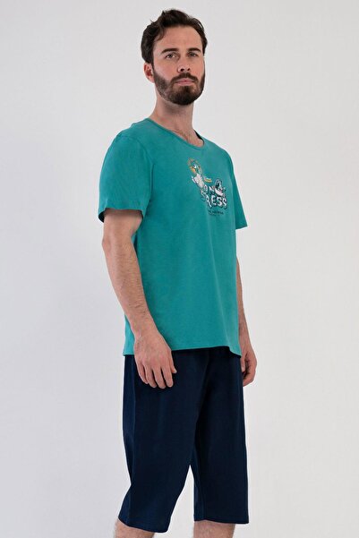 VİENETTA Erkek Kısa Kol Kapri %100 Pamuk Silver Pine Pijama Takımı C5T2N4804
