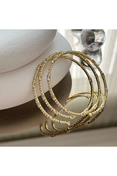 Addniere Kadın Gold Işıltılı Çoklu Baget Taş Detaylı Yaylı Kelepçe Bilezik