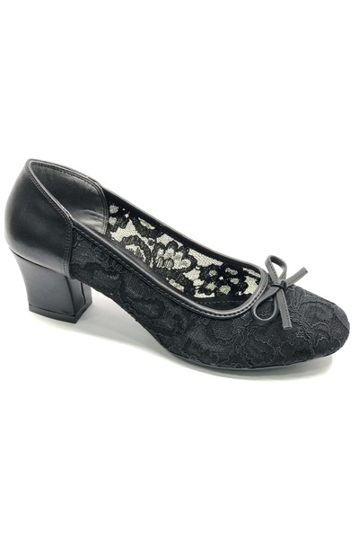 KOCAMANLAR Feles Lace Detailed Blunt Toe Heeled Women's Shoes Black