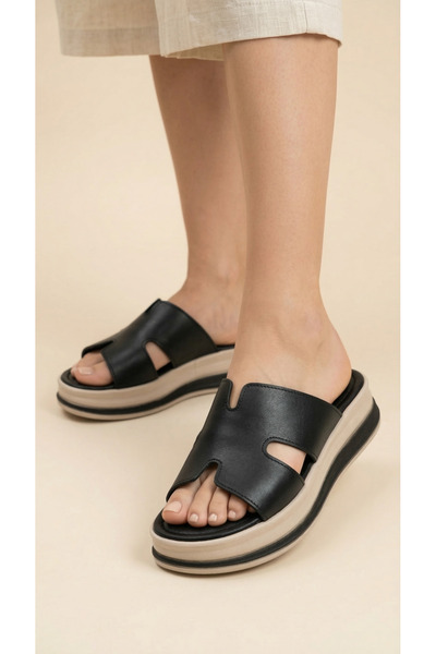 Moda Lime H Cut Detailed Closed High Heeled Comfortable Women's Summer Slippers Sandals