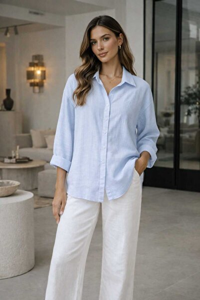 BRLKN Women's Long Sleeve Shirt Muslin Fabric 100% Cotton Textured Fabric Sum...