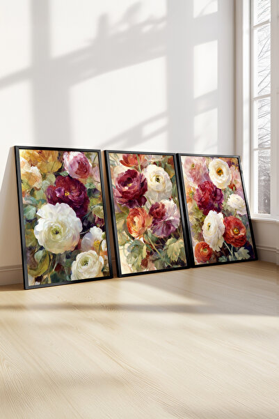 STARYUNA Wooden Framed Blue Flower Themed Triple Painting Set Ucyuna596