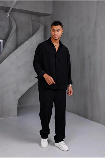 More Black Oversize Men's Two-Piece Suit Shirt and Pants