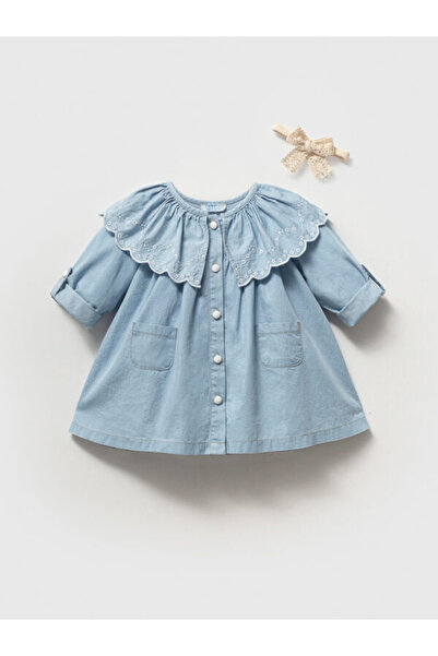 Noy Noy Bebek Denim Elbise - Dantel Yakalı ve Bandanalı Kot Bebek Elbisesi 9-...
