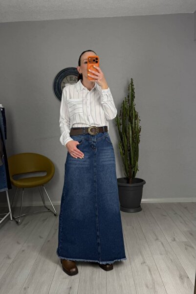 lady special Fusta lungă din denim cu ciucuri la tiv