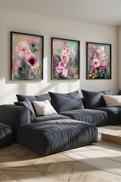 STARYUNA Σετ τριών πινάκων με θέμα τα λουλούδια με μαύρο ξύλινο πλαίσιο Ucyun...