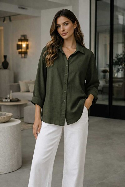 BRLKN Women's Long Sleeve Shirt Muslin Fabric 100% Cotton Textured Fabric Sum...