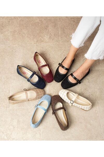 FLARF Daily Black Women's Flat Shoes with Straps, Rubber Buckle, Sewing Detail, Orthopedic Comfortable Shoes