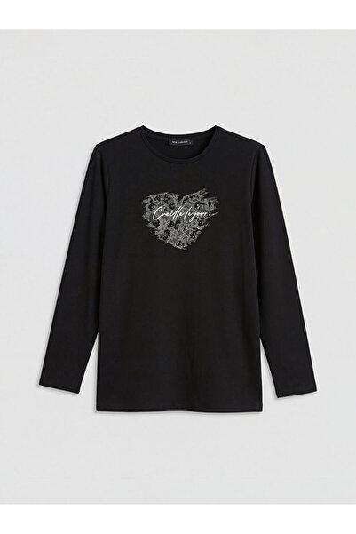 LC Waikiki Plus size black crew neck printed blouse from gulis clothing