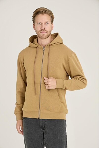 KLY PİJAMA Kly 508 Camel Hooded Zippered Pocket 100% Cotton Single Top Sweats...