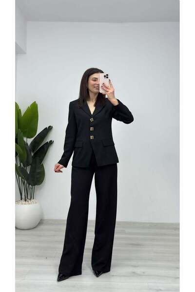 TUNAM BUTİK 4007 Double Fabric Suit with Three Button Detail on the Front, Black